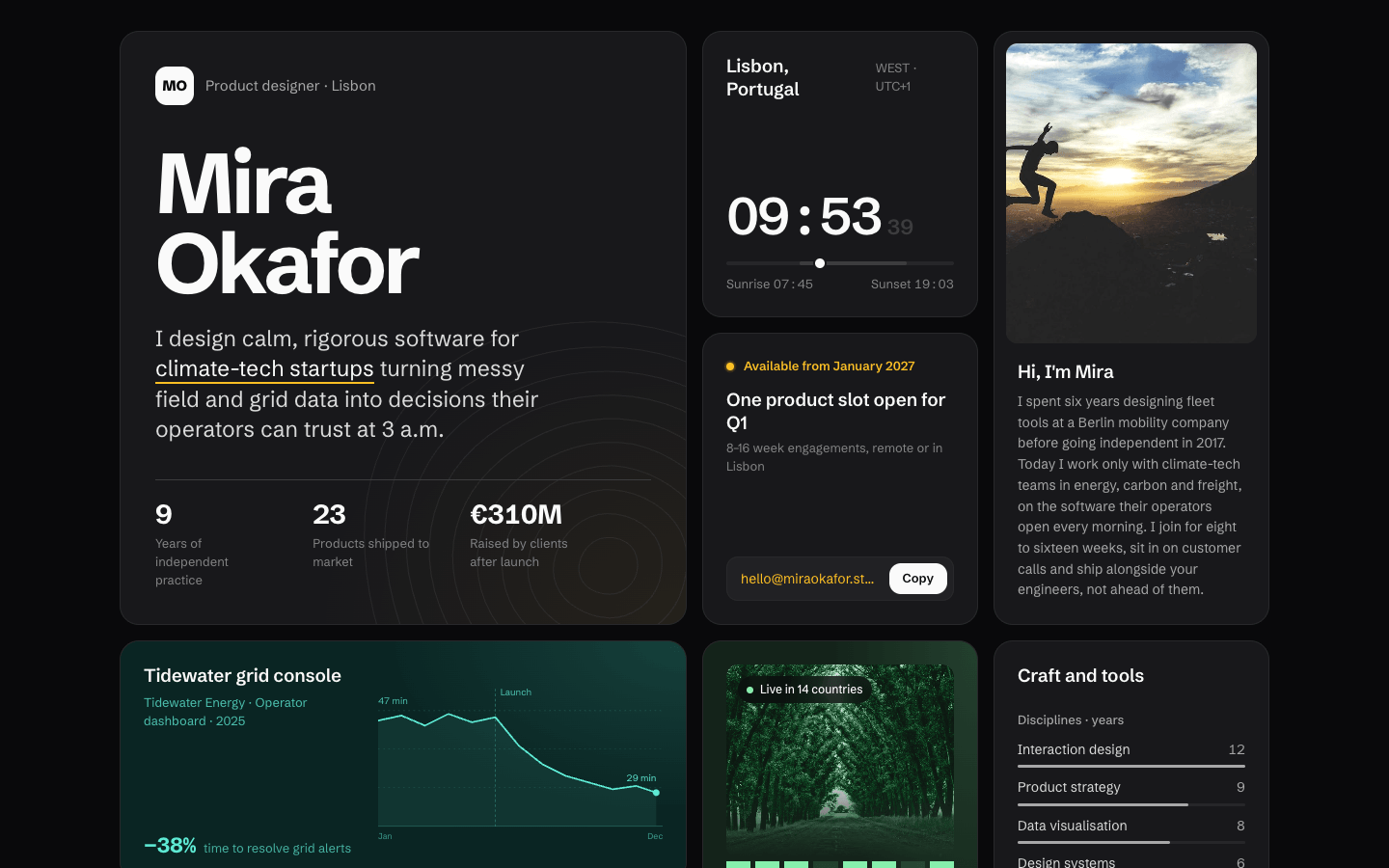 Screenshot der Website, die aus dem Prompt „Bento-Grid-Portfolio“ generiert wurde
