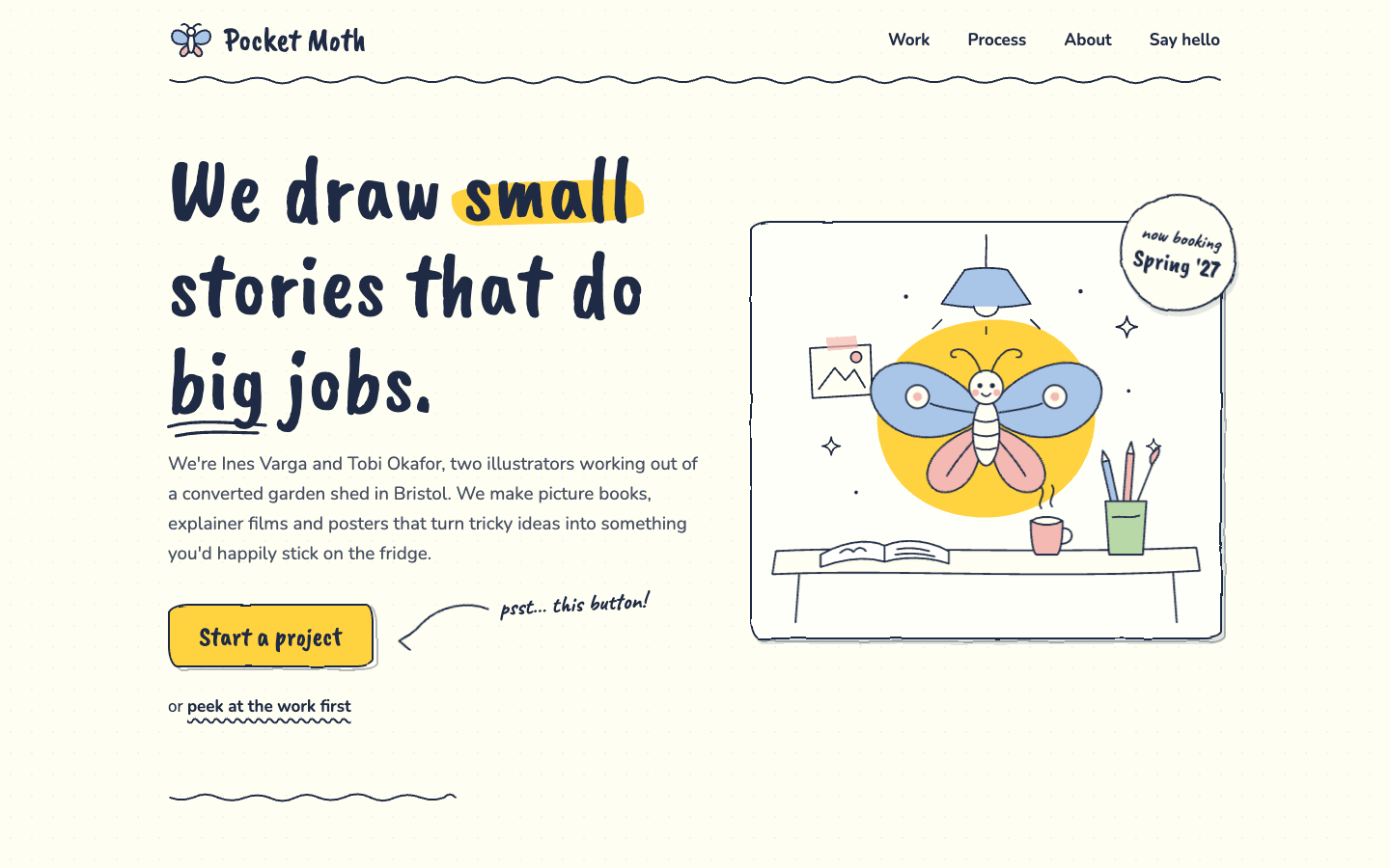 Screenshot der Website, die aus dem Prompt „Illustriertes Hand-Drawn-Studio“ generiert wurde